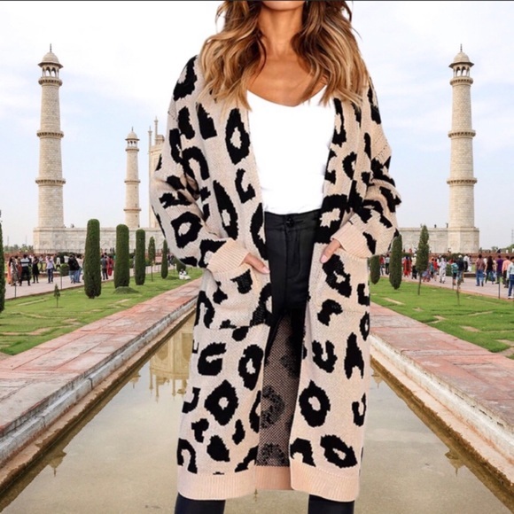 Annette's Eclectic Boutique Sweaters - Tan and Black Leopard Print Cardigan Sweater Large